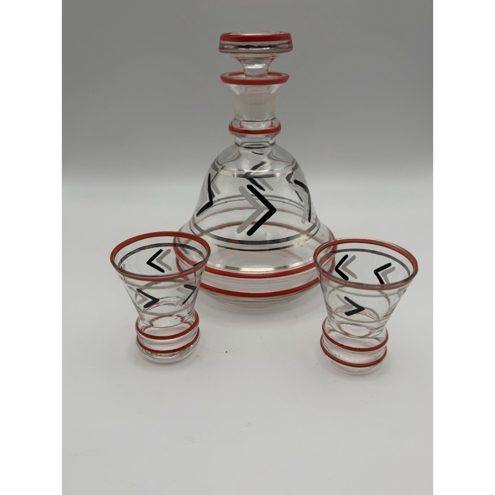 Vintage Art Deco Enameled Glass Decanter Set 2 Cordial Glasses Chevron